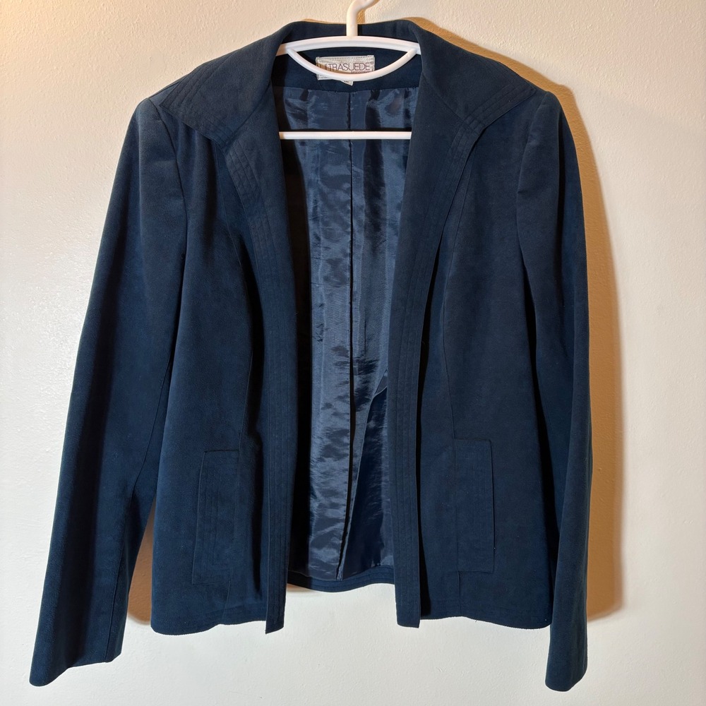 Vintage Ultrasuede Navy Blue‎ Open Front Blazer Jacket Size 12